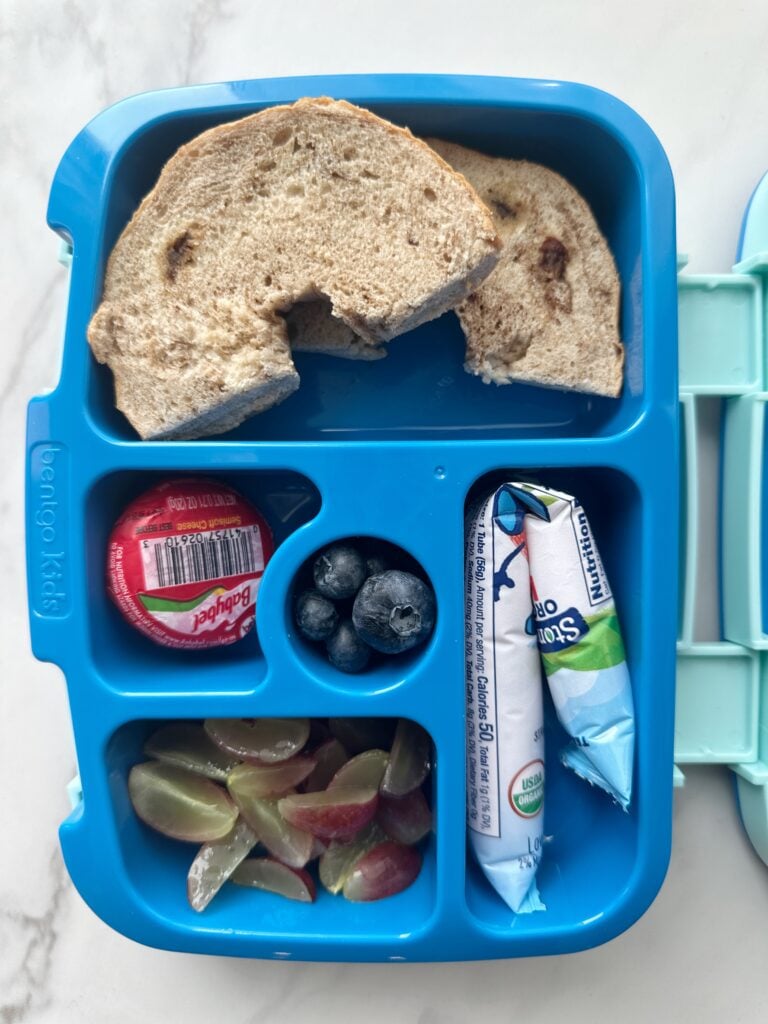 A lunchbox with half a bagel, blueberries, Babybel cheese, yogurt, and sliced grapes