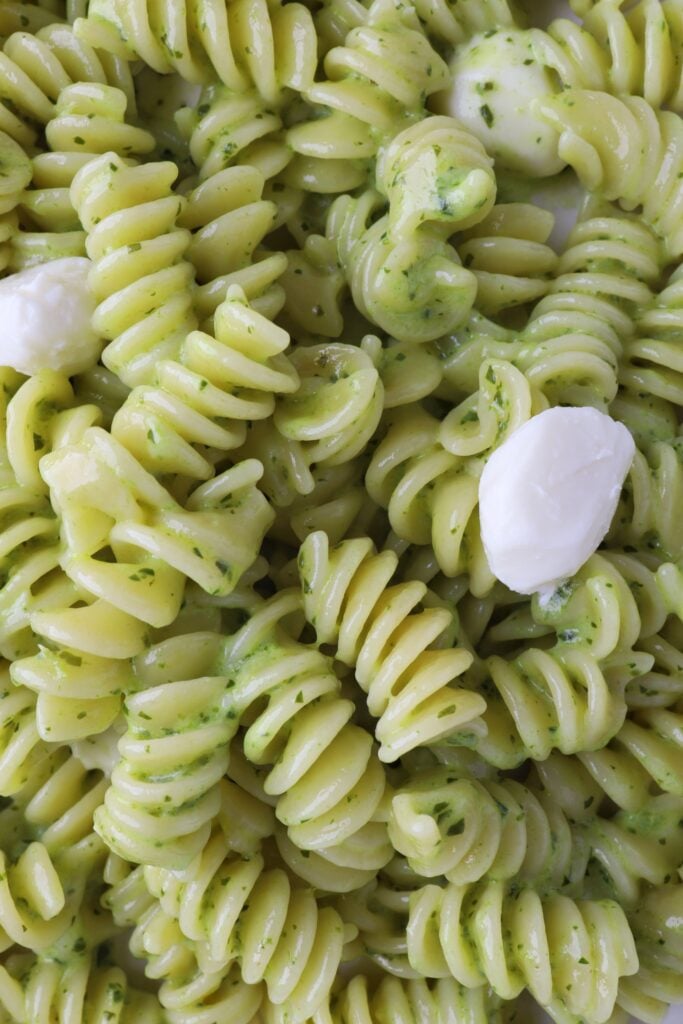 Creamy pesto pasta up close