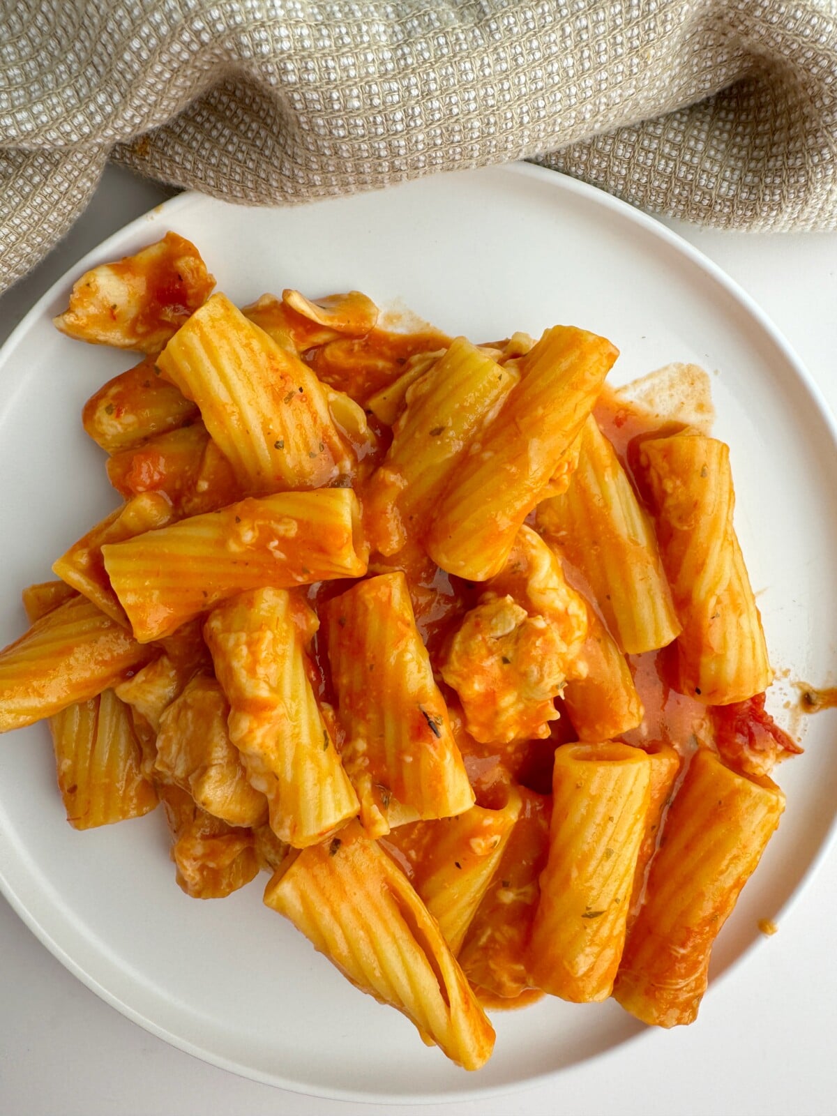 Chicken parmesan pasta bake on a plate