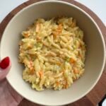 easy veggie orzo in a white bowl