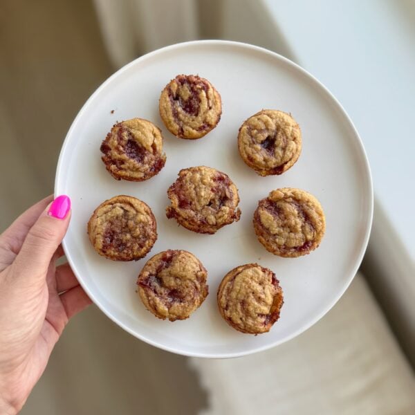 PB&J protein muffins on a white plate